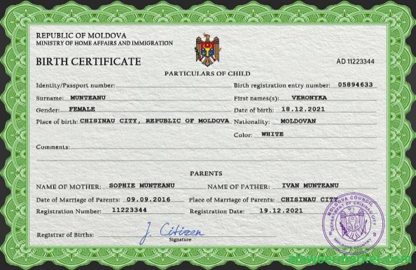 Moldova vital record birth certificate PSD template